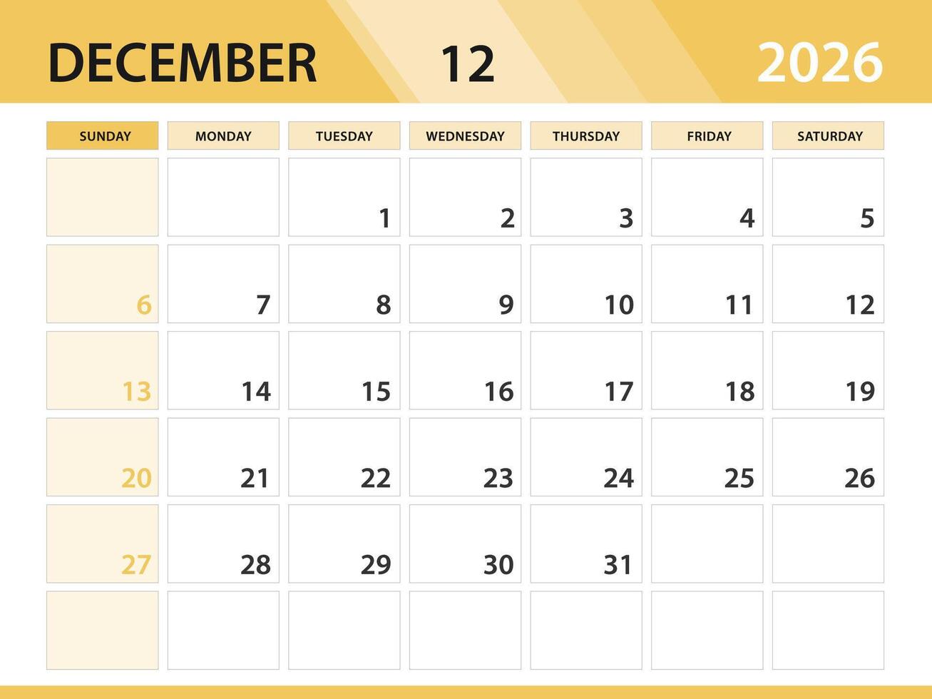 DECEMBER 2026 year template, calendar 2026 year, orange background concept vector