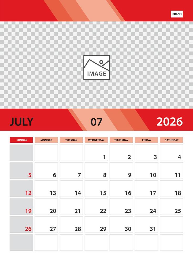 JULY 2026 year template, calendar 2026 design, wall calendar 2026 vector