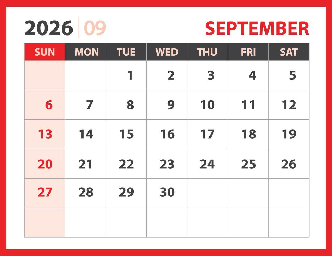 Calendar 2026 year - SEPTEMBER 2026 template vector