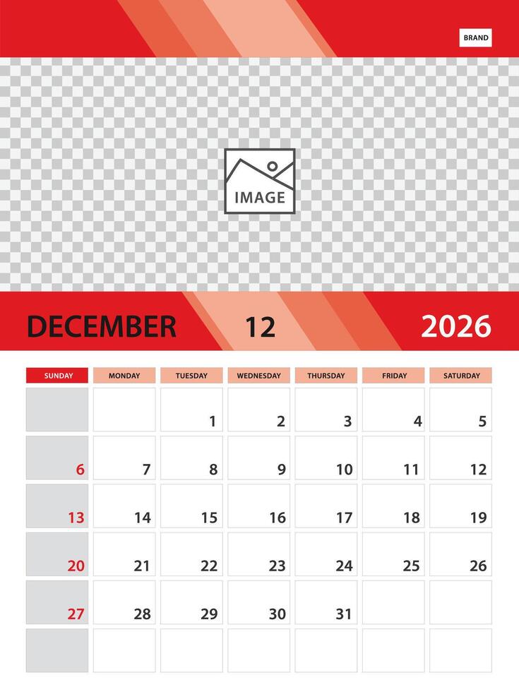 DECEMBER 2026 year template, calendar 2026 design, wall calendar 2026 vector