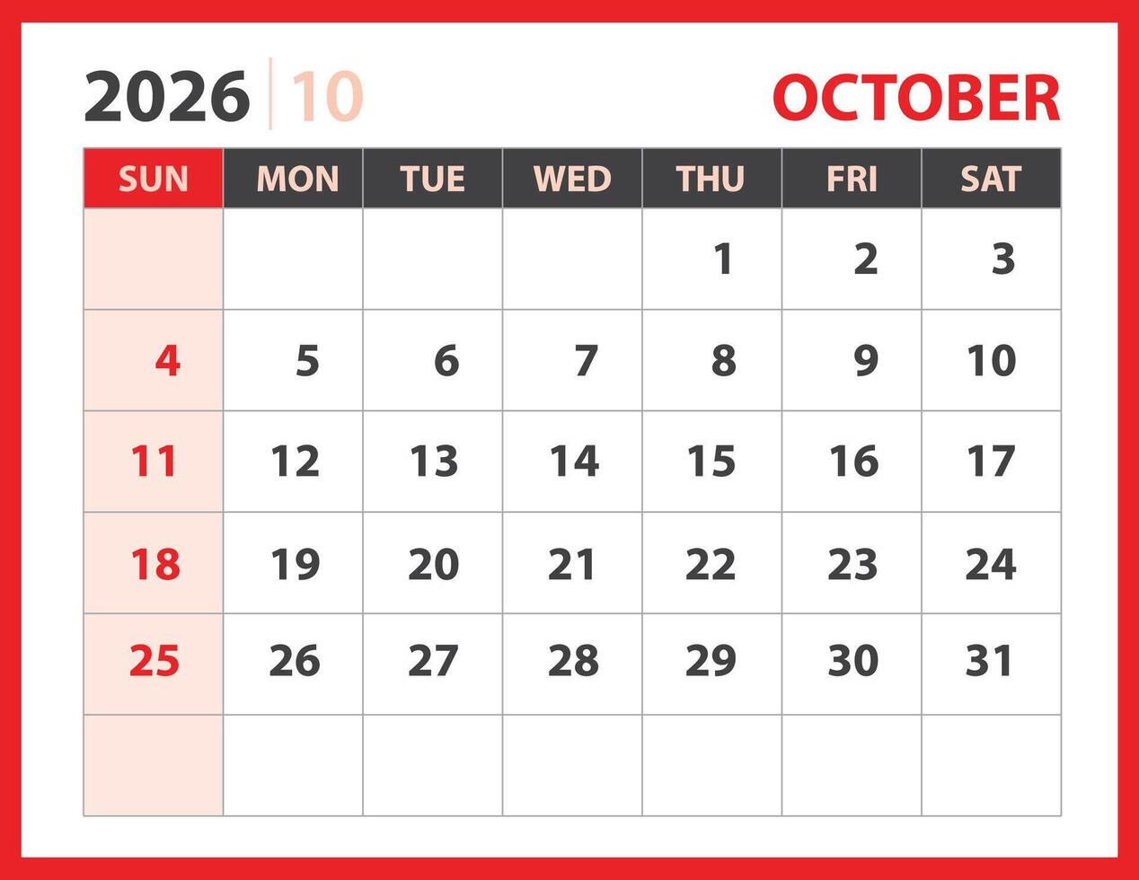 Calendar 2026 year - OCTOBER 2026 template vector