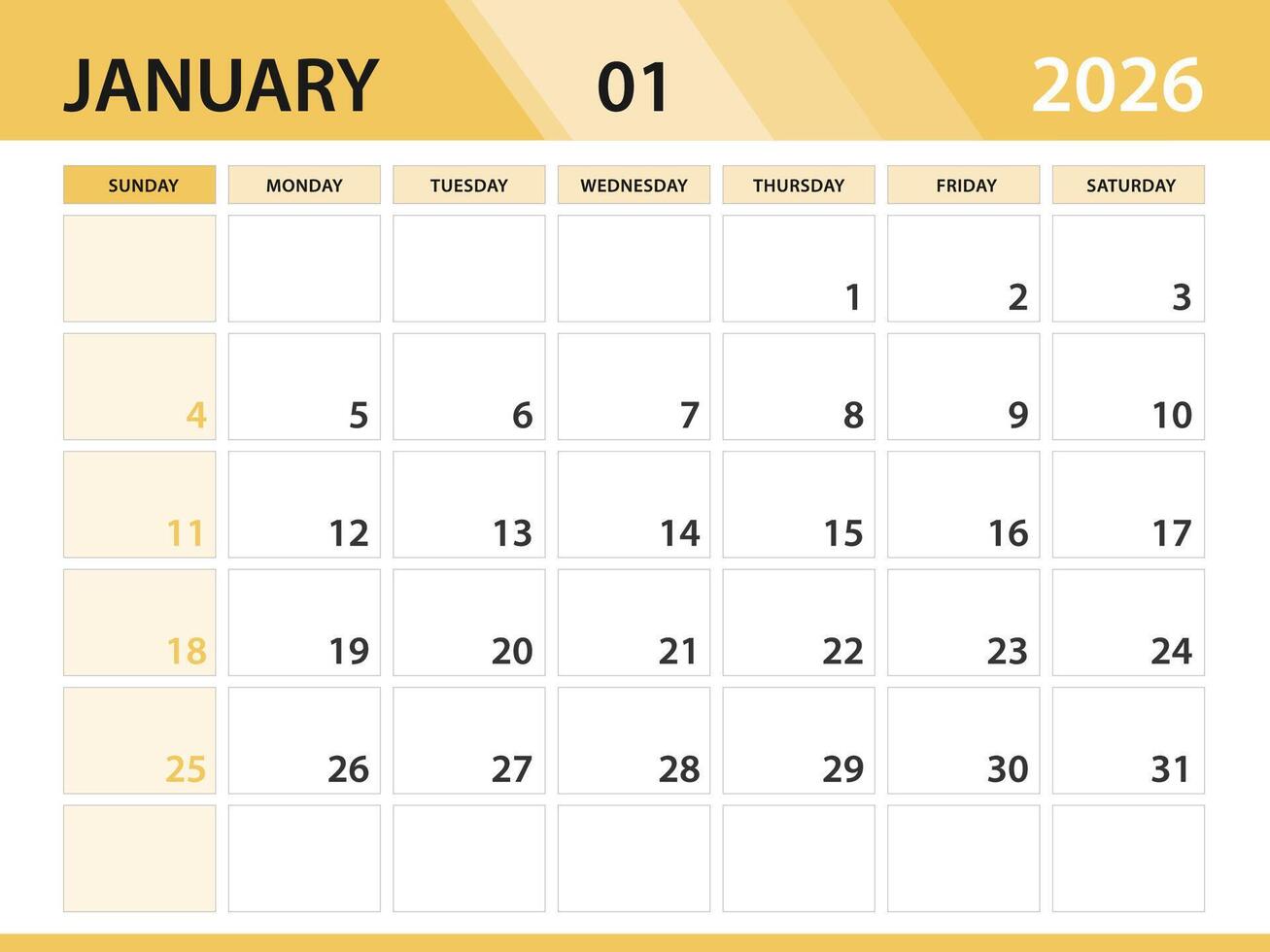 JANUARY 2026 year template, calendar 2026 year, orange background concept vector