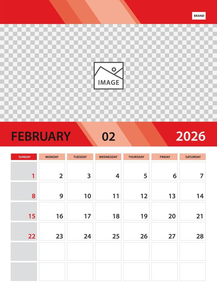 FEBRUARY 2026 year template, calendar 2026 design, wall calendar 2026 vector