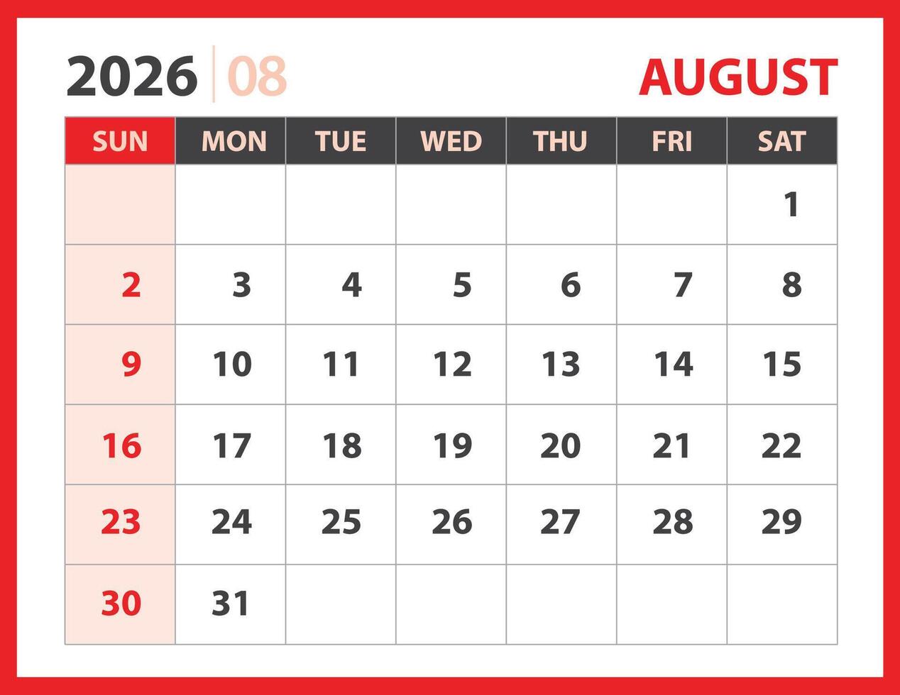 Calendar 2026 year - AUGUST 2026 template vector