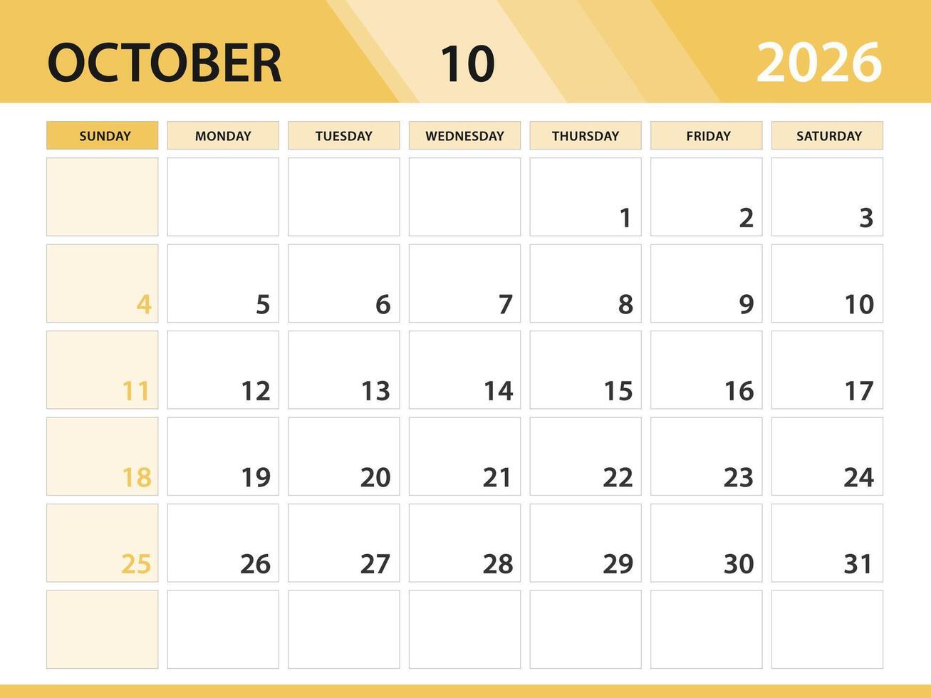 OCTOBER 2026 year template, calendar 2026 year, orange background concept vector