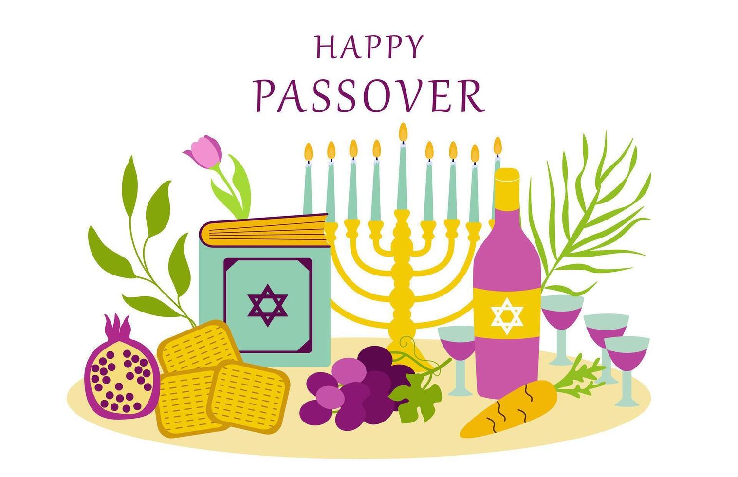 Happy Passover. Festive food, wine, matzah and attributes for Pesach. vector