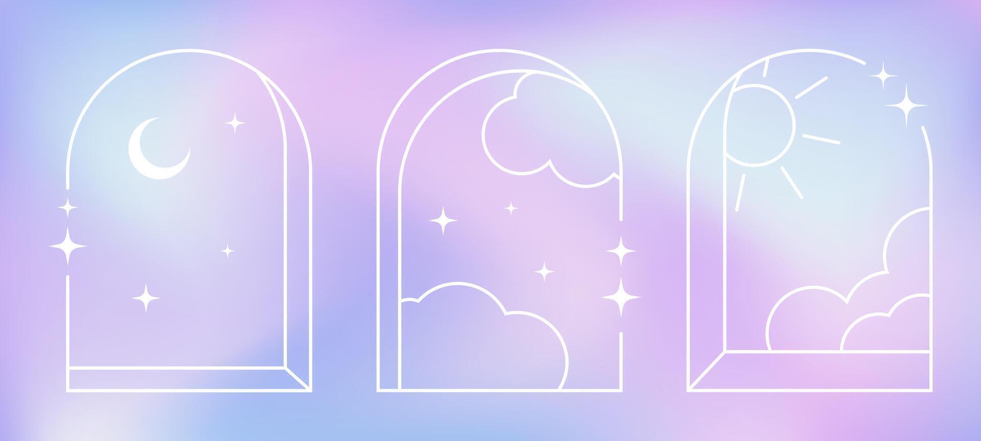 Line abstract frames on a liquid soft aura background, arch windows with weather, decorative graphic elements and backgrounds. illustration. vector