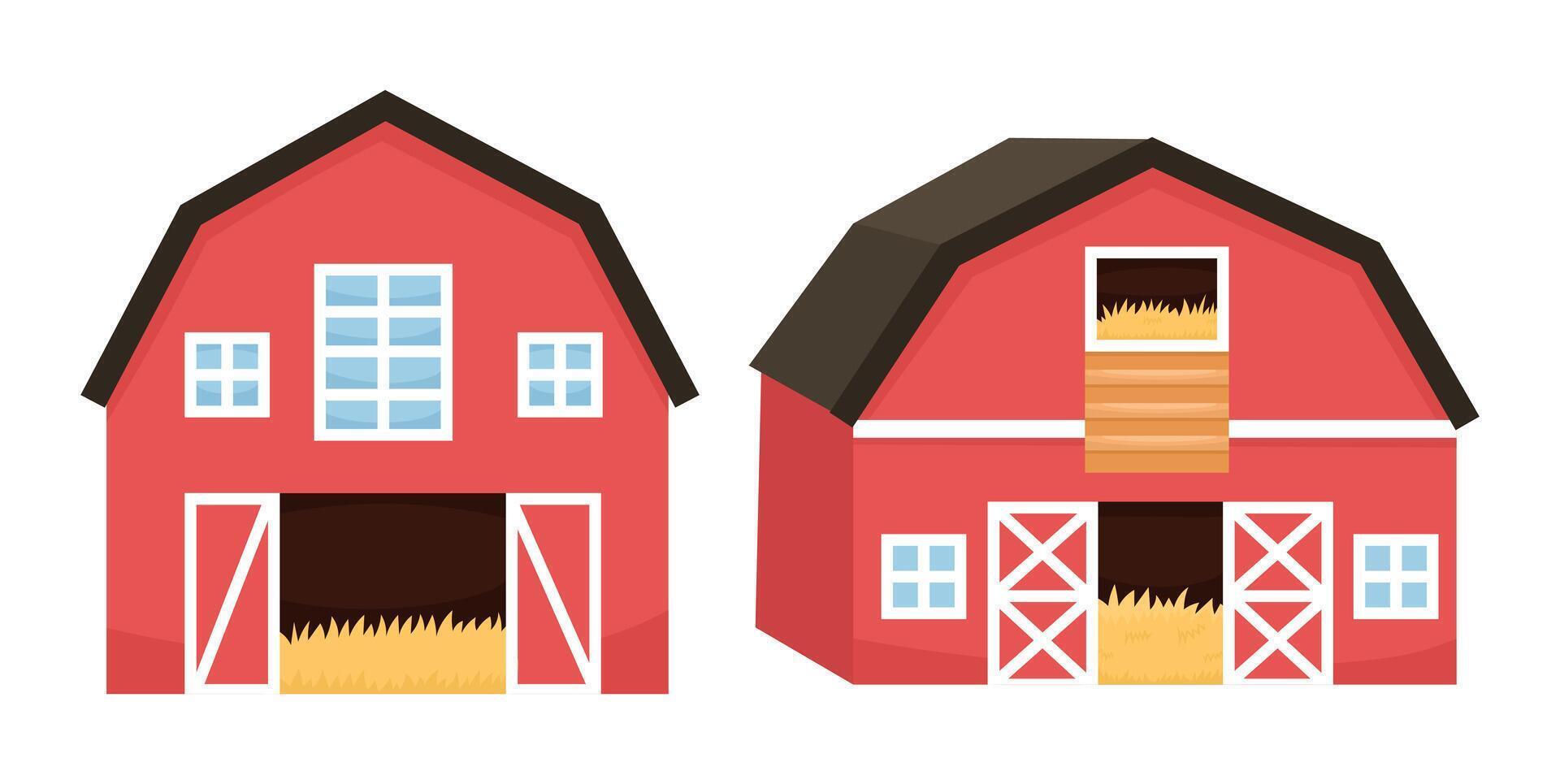 Set wooden hangar red with hay, cartoon illustration cute in different position. For farm, agriculture and village life themes vector