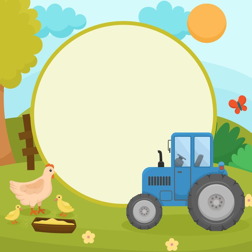 Bright cartoon landscape with a tractor, a farmer and domestic animals, designed in a round frame. Suitable for the theme of agriculture, village life and farm products. vector