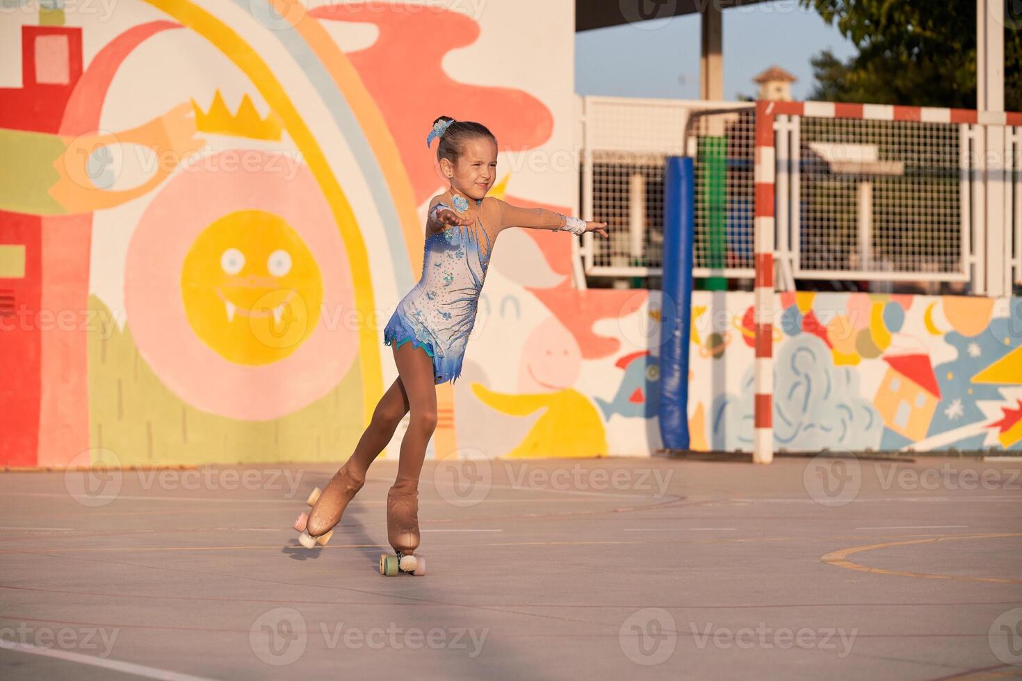 Girl riding roller skates on playground photo