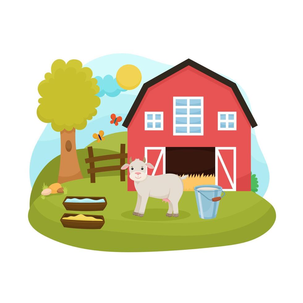Cute farm animal illustration goat on old hangar background, bucket of milk, kids design vector