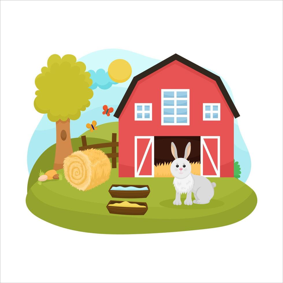 Illustration farm scene and landscape. Farm animal little rabbit with old barn and hay on white background. Cute cartoon childish design vector