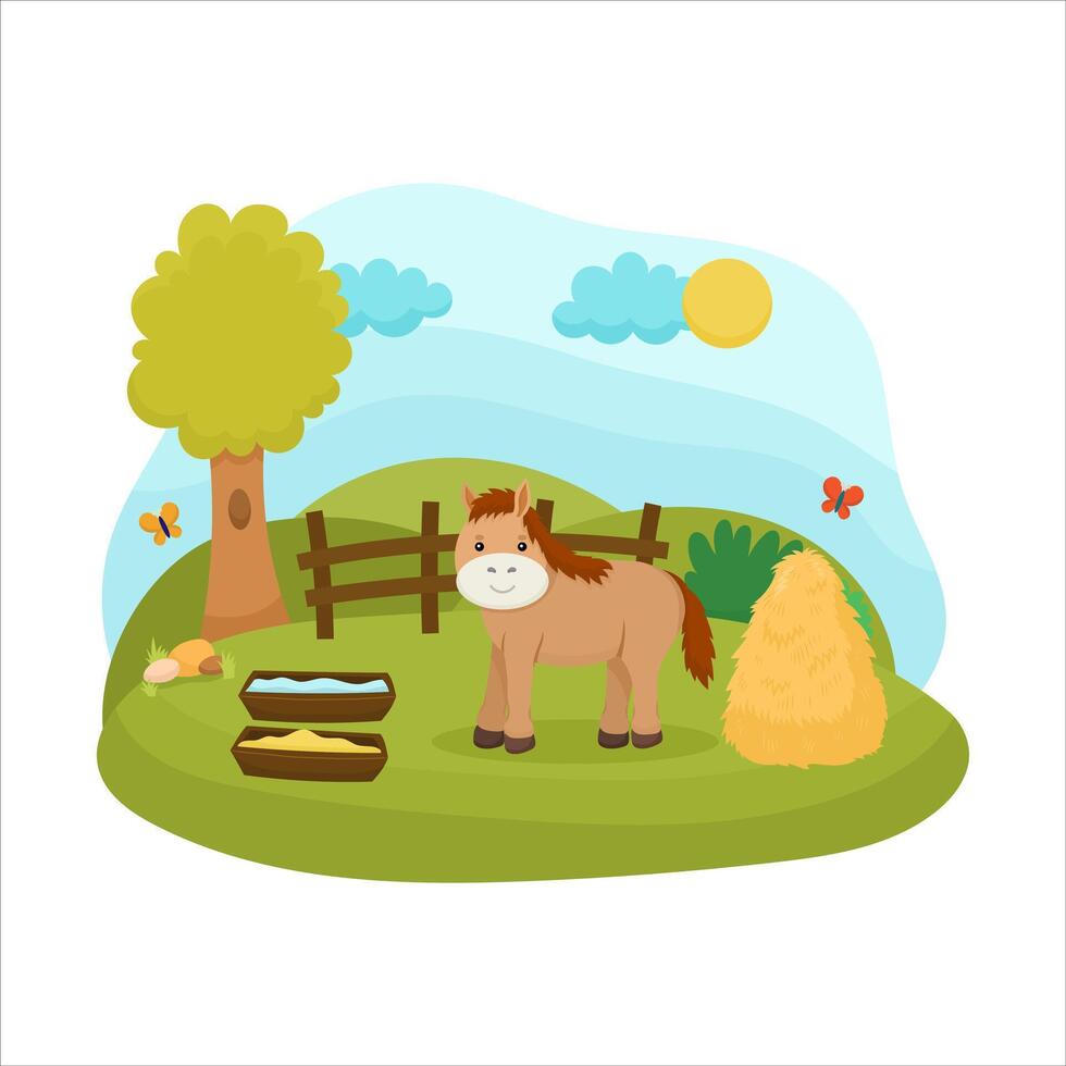 Cute horse grazing on a meadow with hay and food on the background of a farm or meadow. Children's illustration of a cute animal, illustration vector