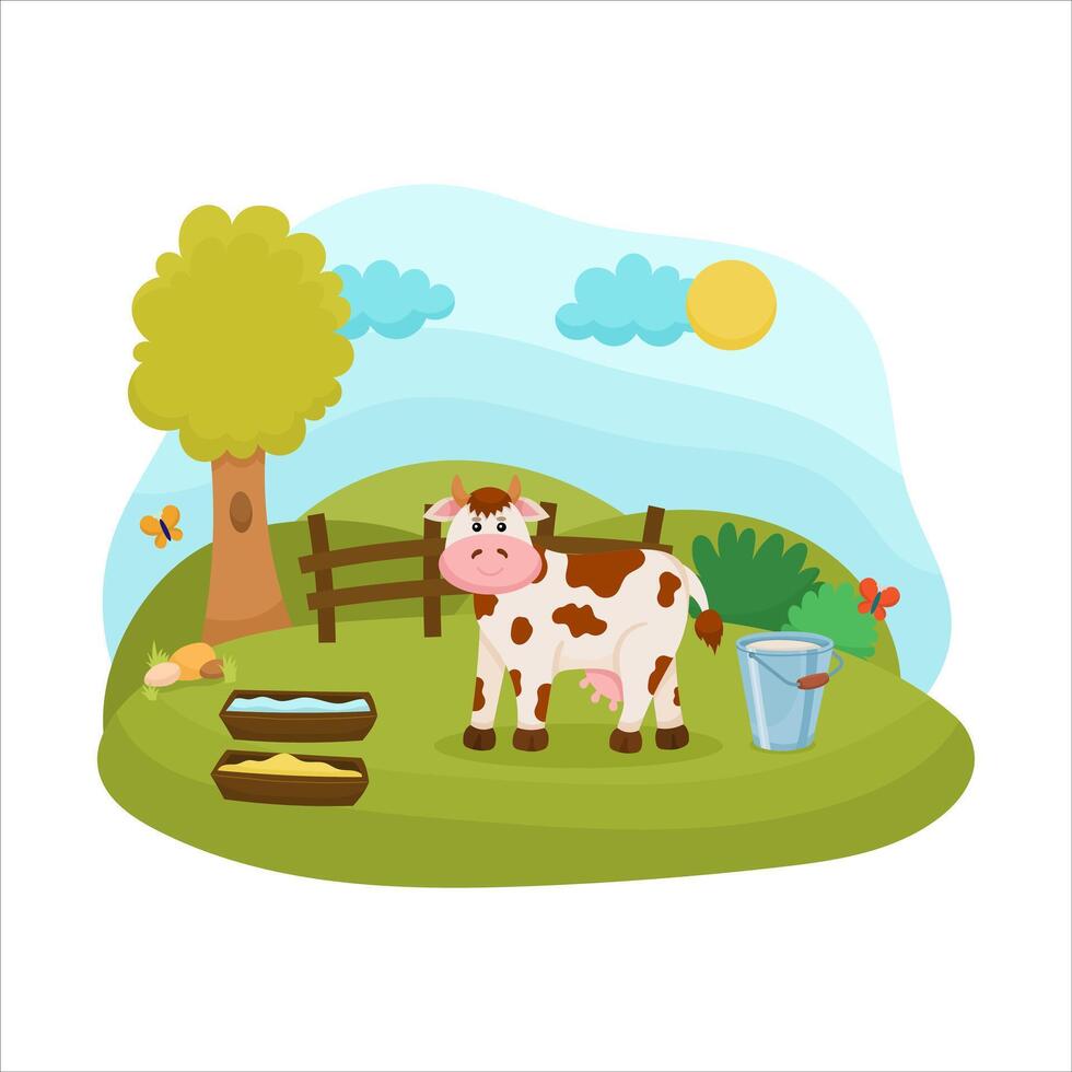 Background with cute cow farm animal, cartoon vecillustration rural and livestock scnene spotted cow on the farm vector