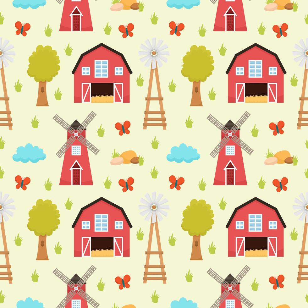 Colorful seamless pattern with barns, mills, windmills, trees and butterflies. Suitable for packaging, textiles, wallpaper, children's products and farm products. vector