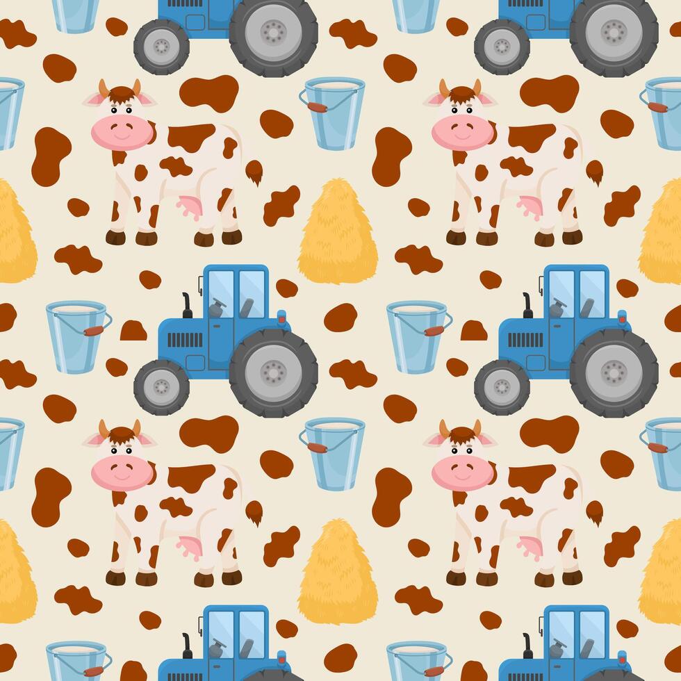 Seamless pattern with cow and tractor, baby design for kids vector