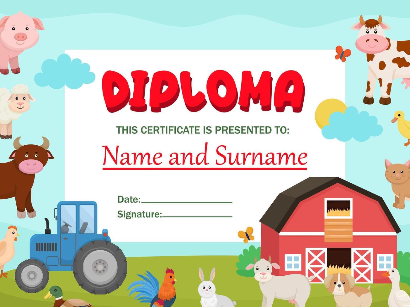 template of children's diploma on the theme of the farm. Certificate for school and kindergarten vector