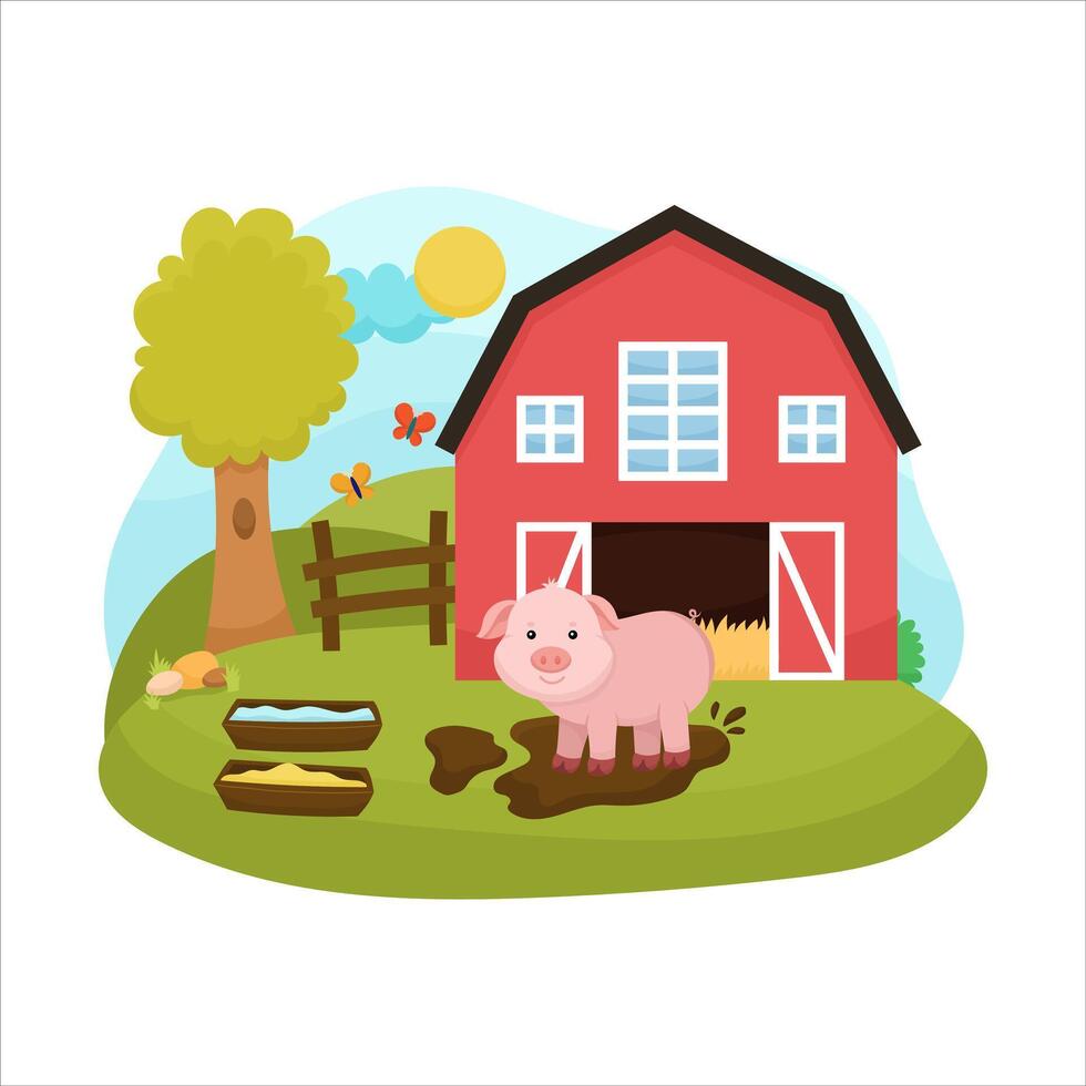 Cute farm animal scene with little pig, playing in the big brown dirt. In the background is a cute farm with an old hangar and a garden. Cute children's illustration vector