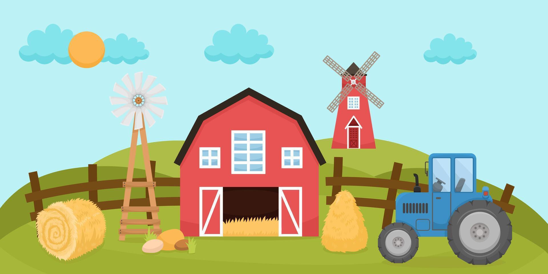 Picturesque scene with farm, tractor, mill, windmill and hangar, hay. Suitable for agriculture, village life and eco products themes. Cute cartoon illustration vector
