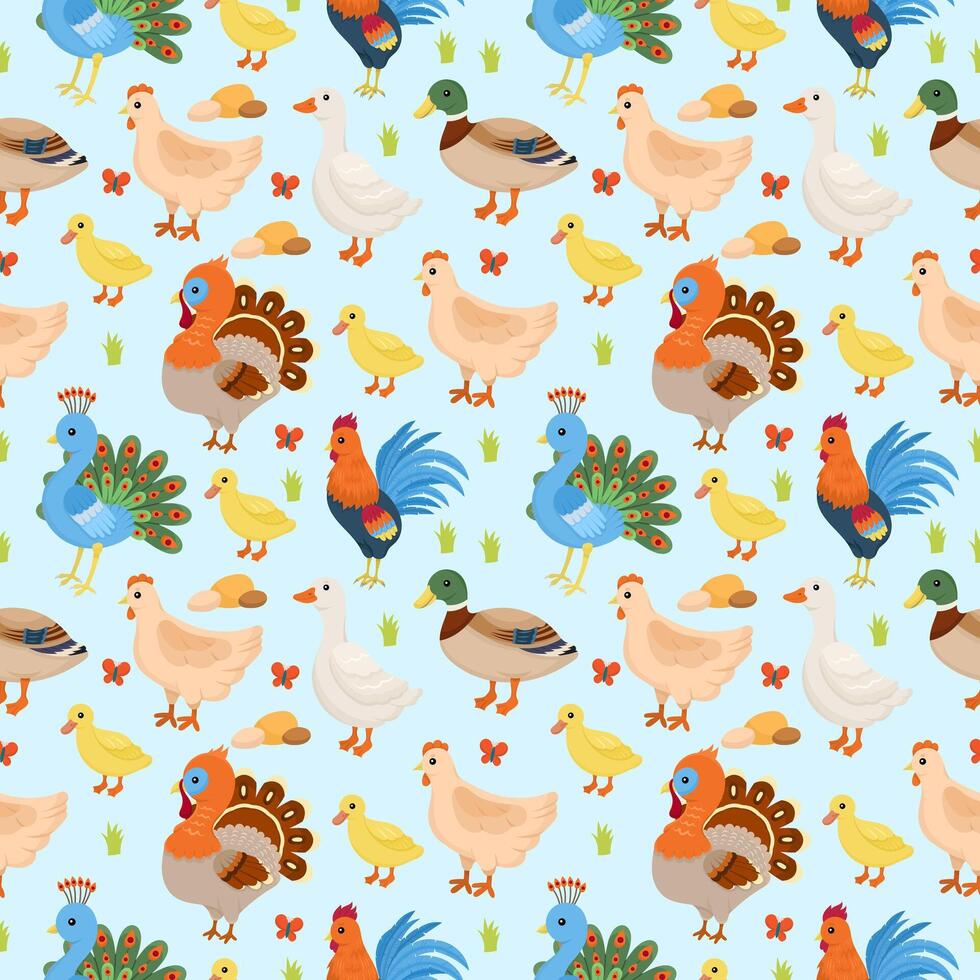 Colorful pattern with poultry chickens, geese, ducks, roosters, turkeys and peacocks. Ideal for packaging, textiles, children's products, farm products and design. vector