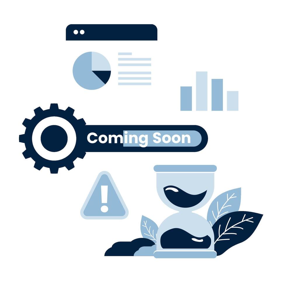 Business Update Icon Gear, charts, and Coming Soon tag, representing progress and future announcements. Ideal for website updates, business development vector