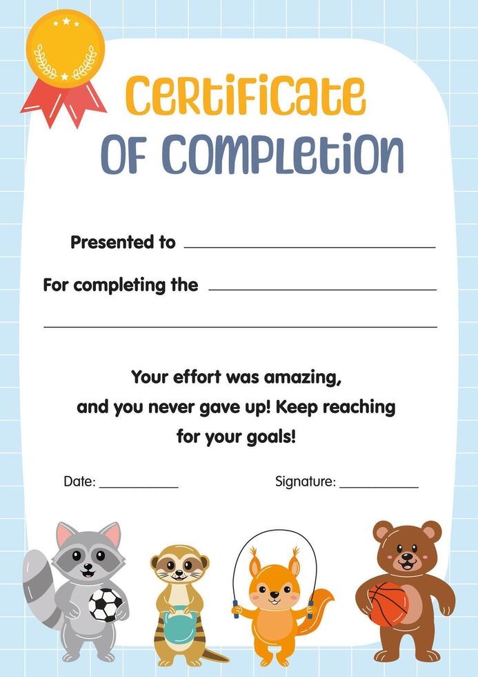 Certificate of completion, participation for kids in sport competitions. Kids sport diploma, template appreciation certificate in school preschool kindergarten, summer camp. Certificate of achievement vector