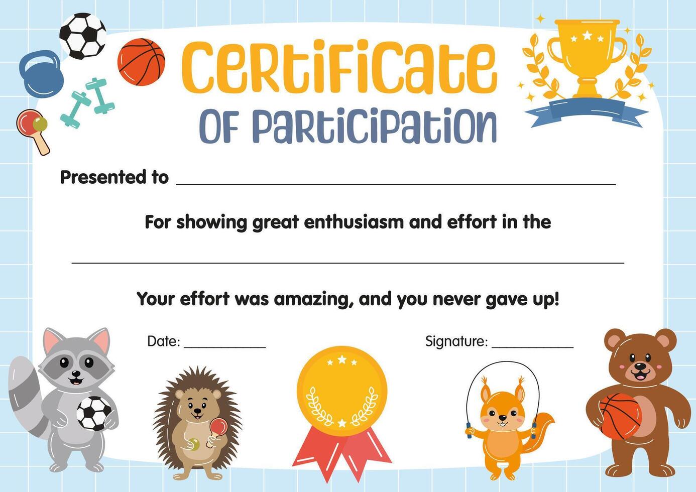 Certificate of participation for kids in sport competitions. Diploma template for kids, certificate of appreciation for sport in school preschool kindergarten, summer camp. Certificate of achievement. vector