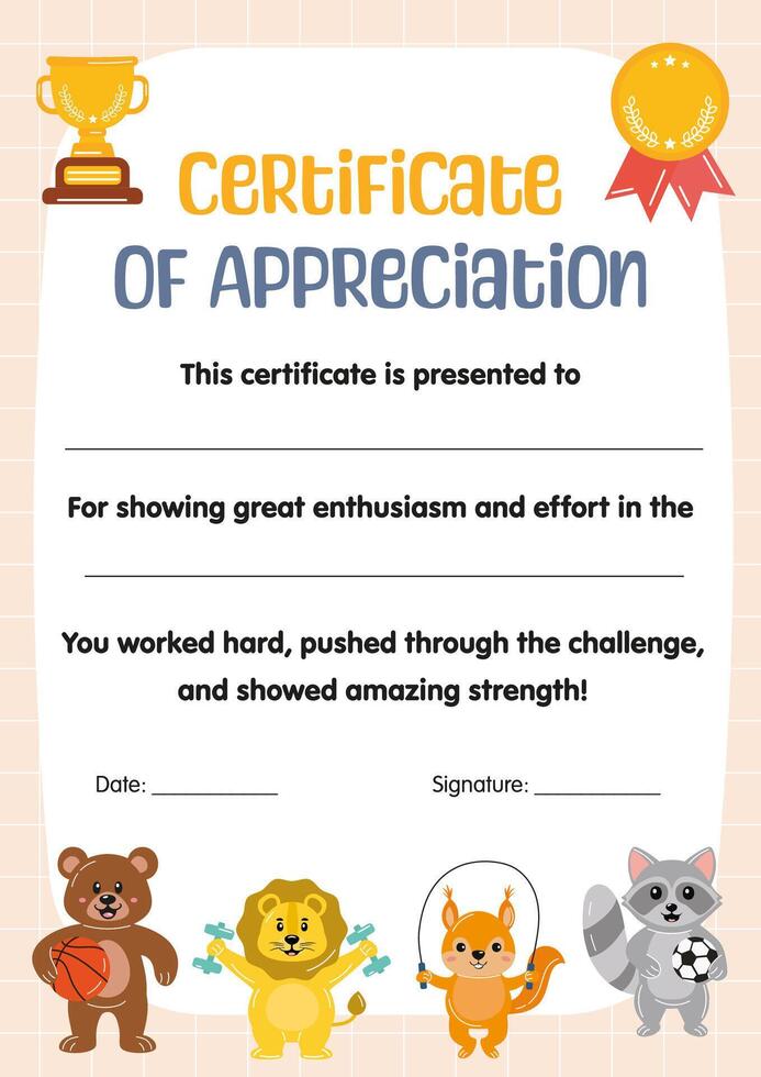 Certificate of appreciation in sport competition for kids. Sport diploma template for children in school preschool kindergarten, summer camp. Certificate of participation achievement completion. vector