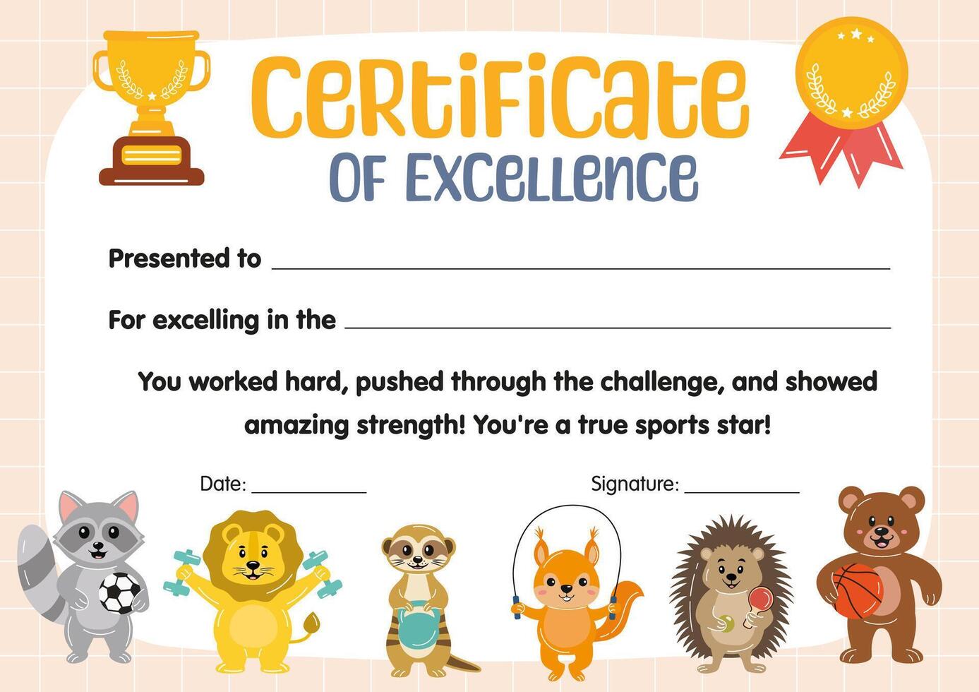 Certificate of excellence for kids in sport competitions. Diploma template for kids, certificate of appreciation for sport in school preschool kindergarten, summer camp. Certificate of achievement. vector