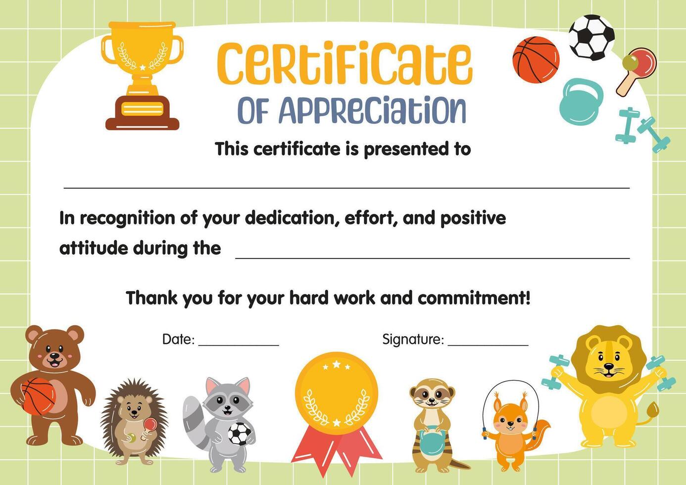 Certificate of appreciation sport competition for kids. Sport diploma template for children in school preschool kindergarten, summer camp. Certificate of participation achievement completion for kids. vector