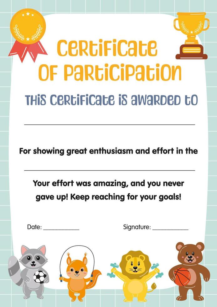 Certificate of participation for kids in sport competitions. Kids sport diploma, template appreciation certificate in school preschool kindergarten, summer camp. Certificate of achievement, completion vector