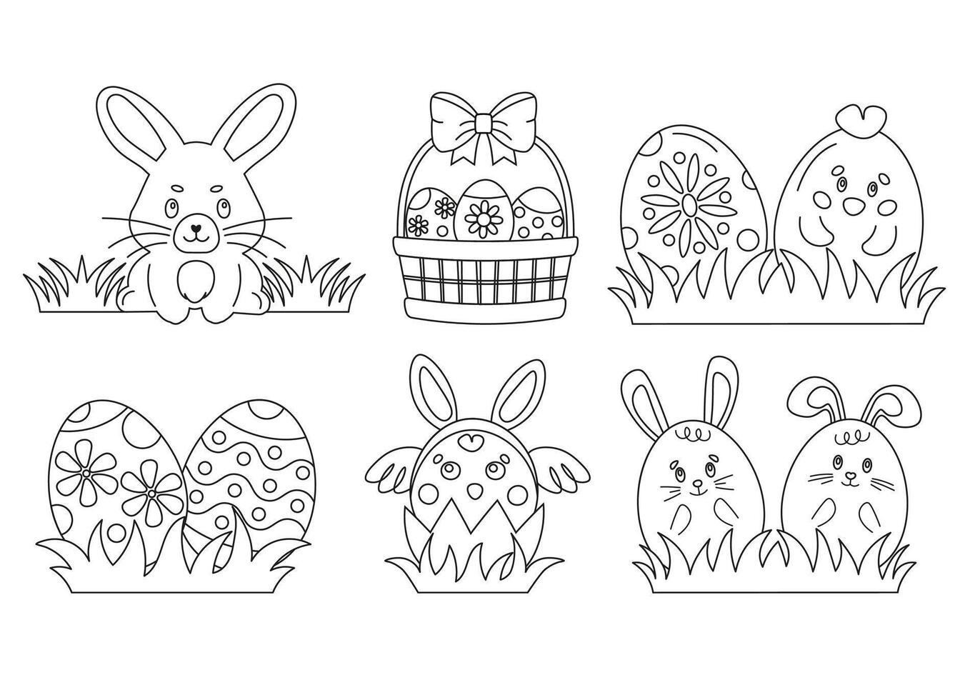 Easter coloring page for kids, painting activity. Easter elements bunny, eggs, chicken in simple doodle style. vector