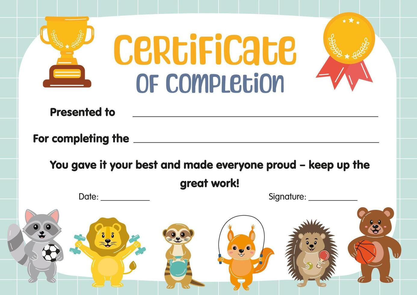 Certificate of completion, participation for kids in sport competitions. Kids sport diploma, template appreciation certificate in school preschool kindergarten, summer camp. vector