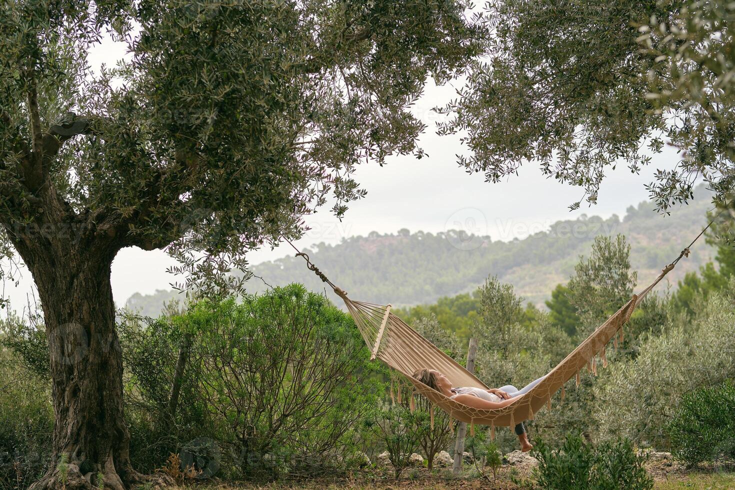 Relaxed anonymous woman resting on hammock photo