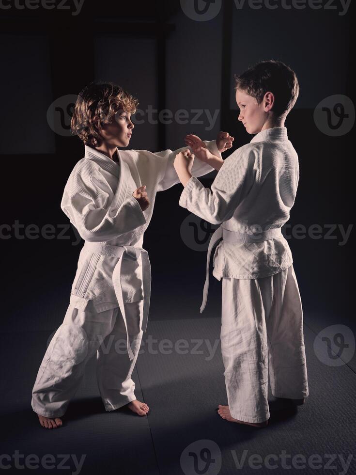 Boys practicing Krav Maga during training in studio photo