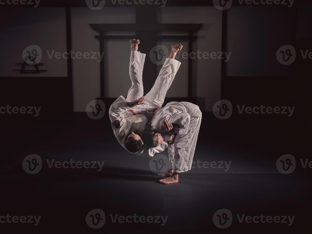 Male and female judo practitioners performing throw exercise in studio photo