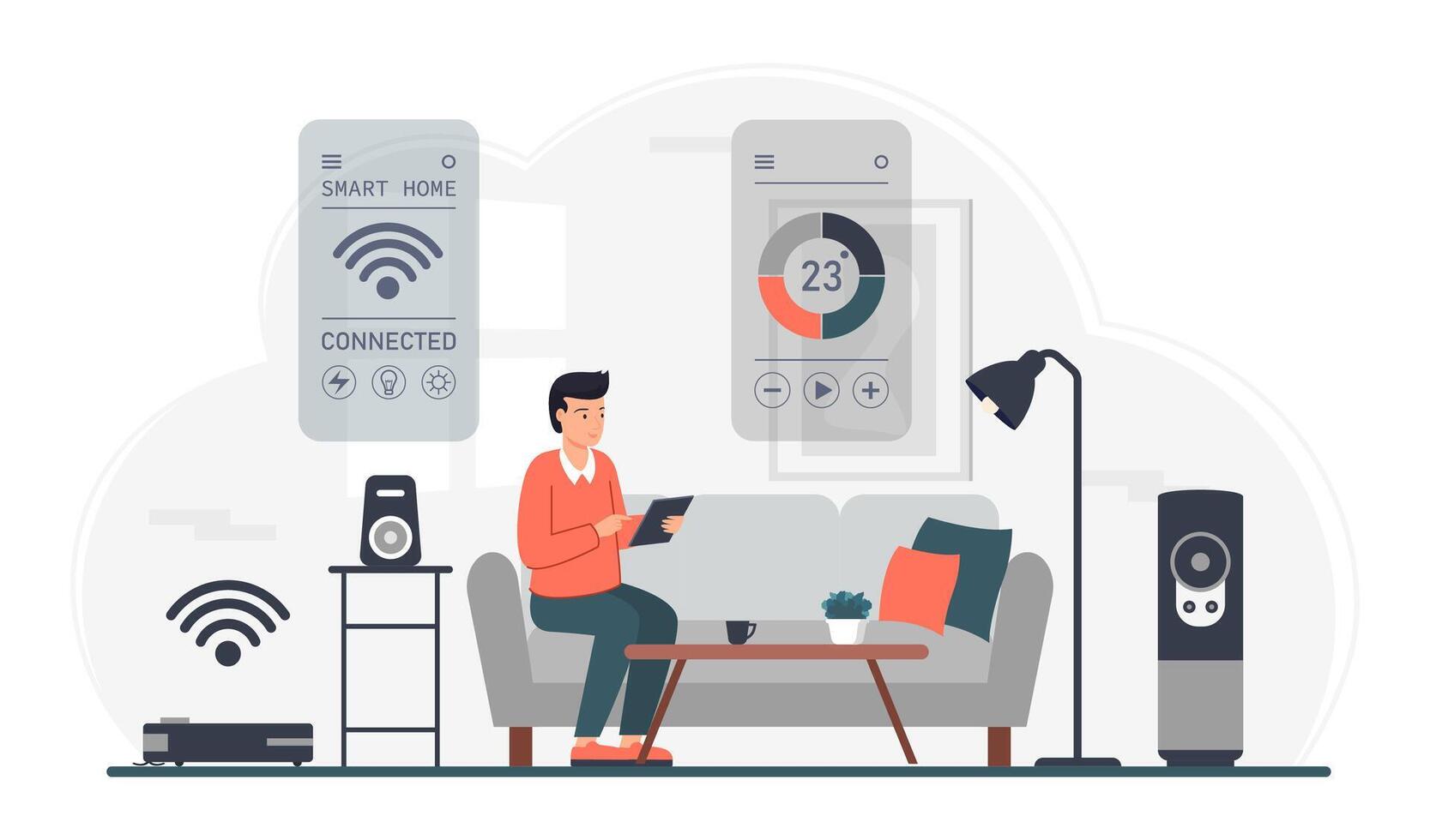 Man Controls Smart Home with Wireless System Scene vector
