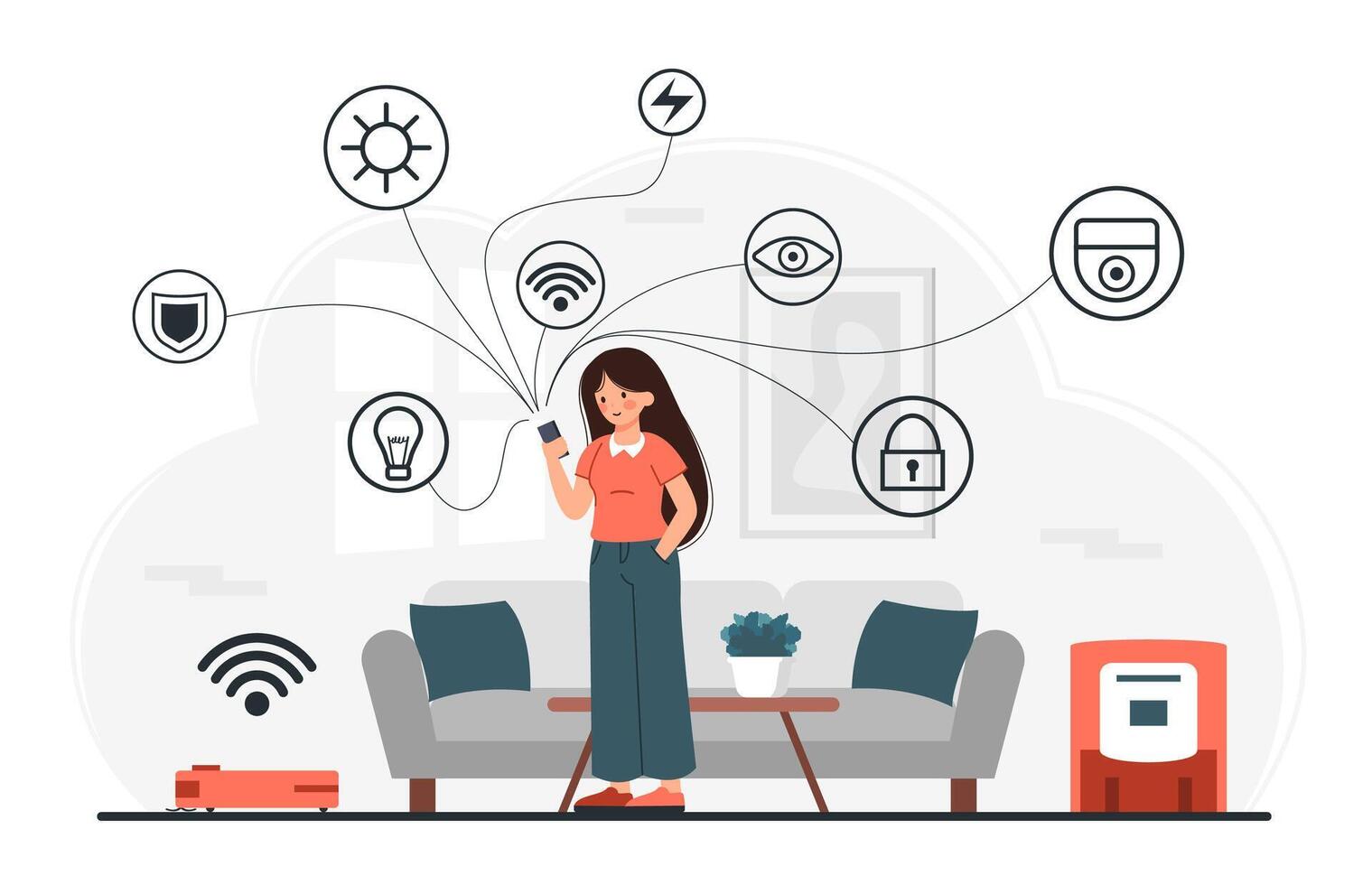 Girl Monitoring Smart Home from Mobile Phone App. vector