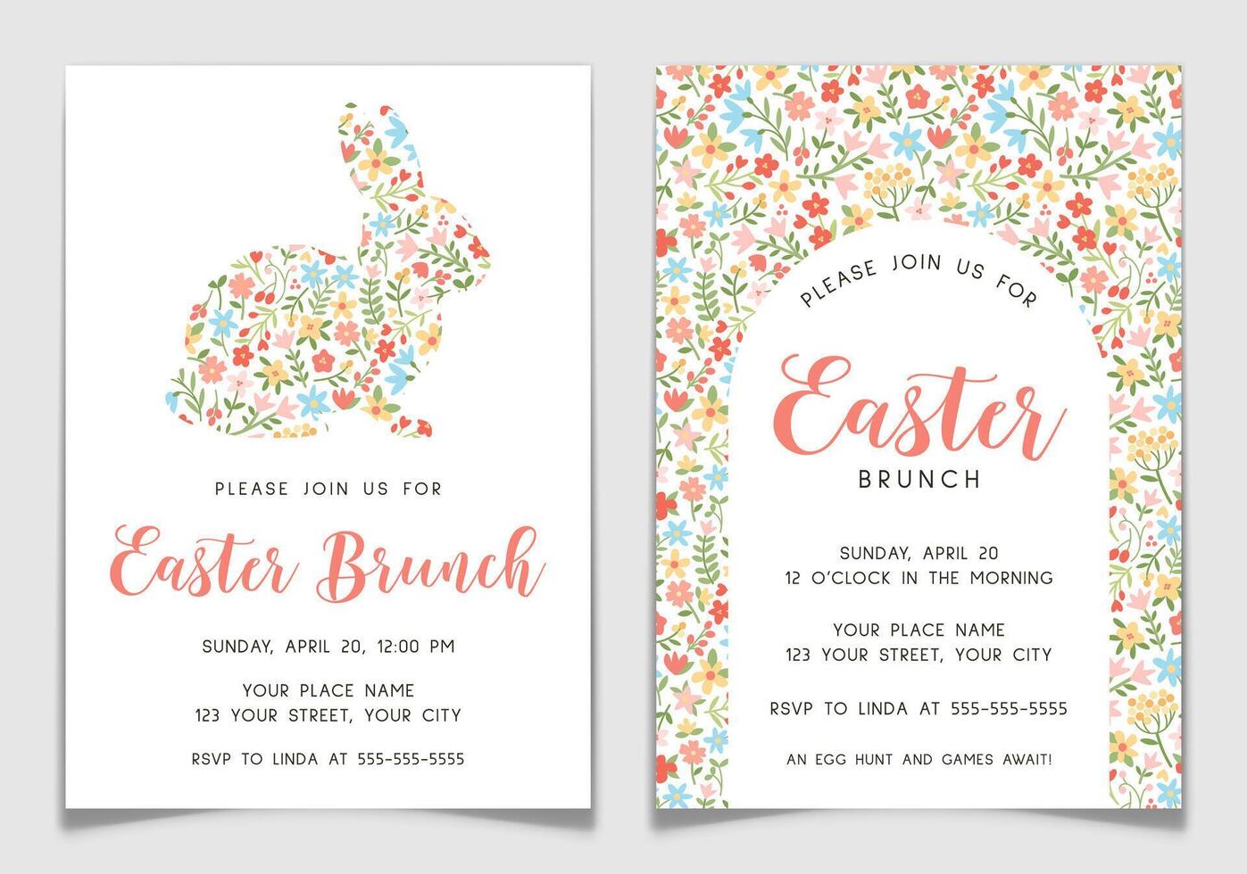 Easter Brunch Invitation Cards with Floral Bunny. vector