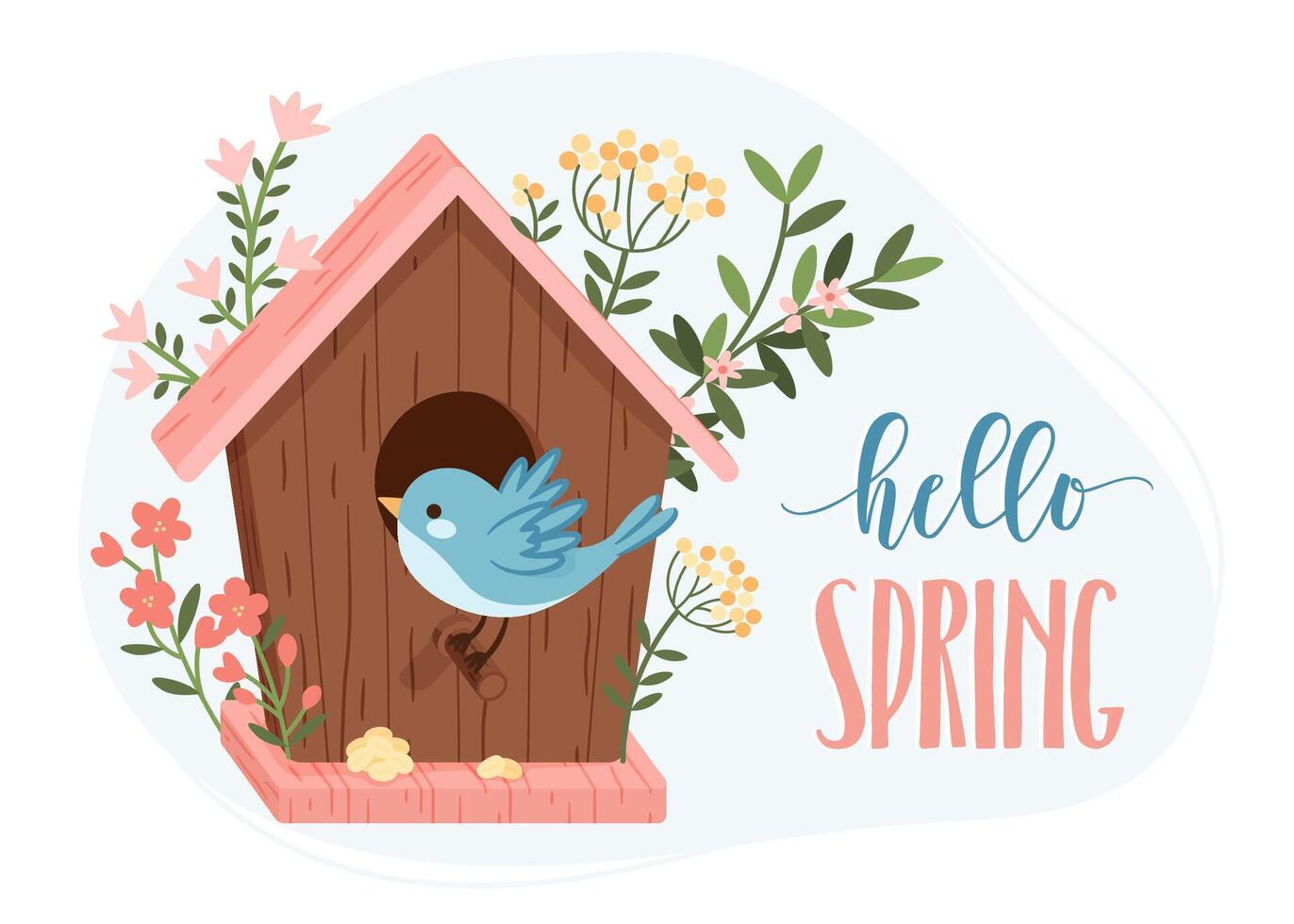 Spring Birdhouse with Flowers and Bluebird. vector