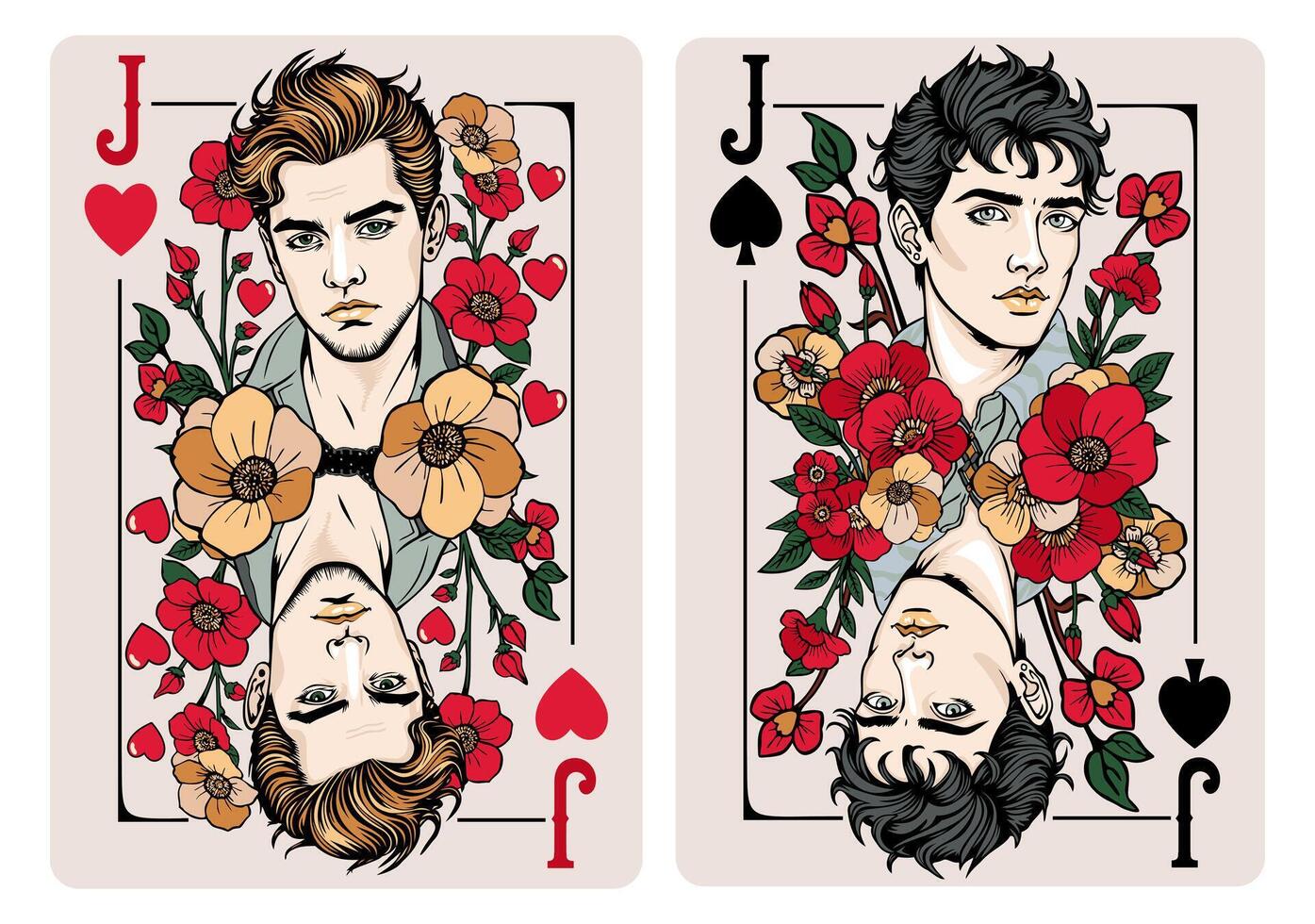 Jack of Spades and Jack of Hearts. Playing cards set vector