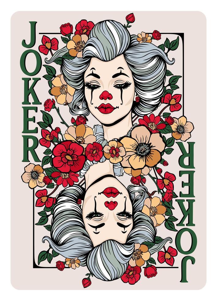 Joker playing card . Female sad clown vector