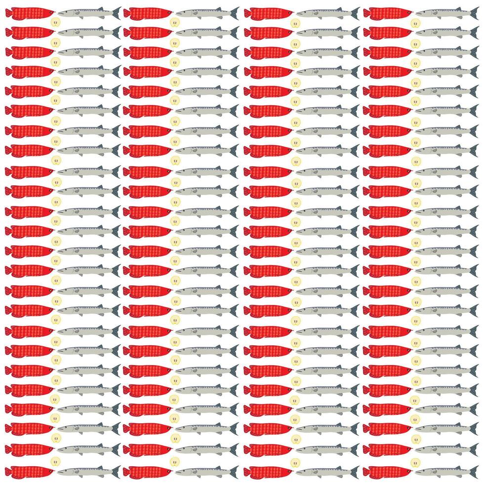 barracuda, arowana fish with fruit as a pattern background vector