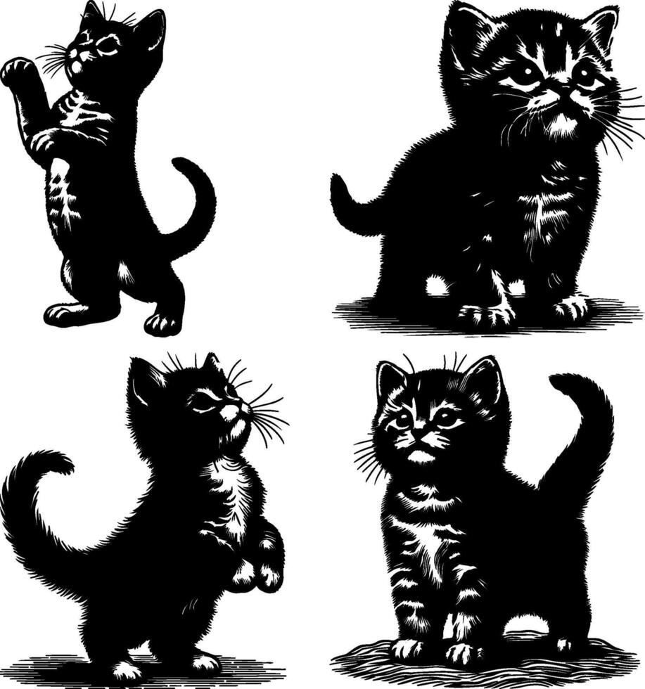 Four Silhouetted Kittens Playing in Different Poses vector