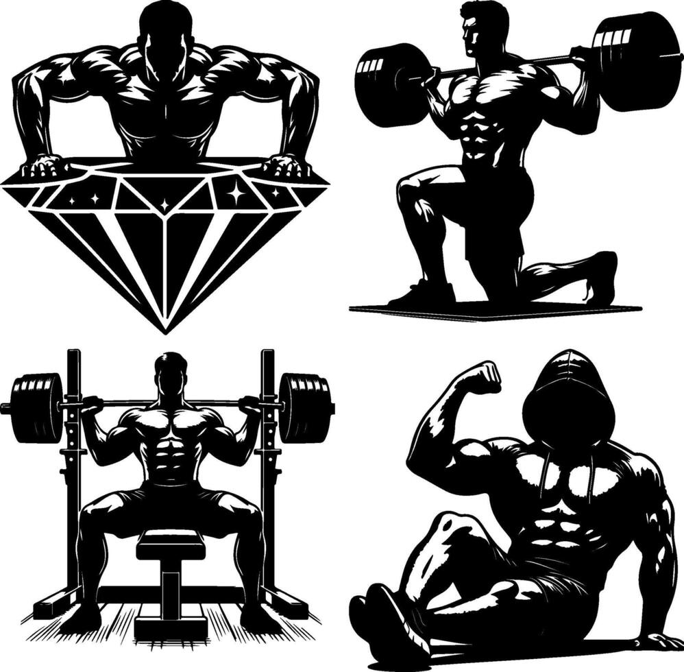 Four Male Bodybuilders Performing Different Exercises in Black and White Illustration vector