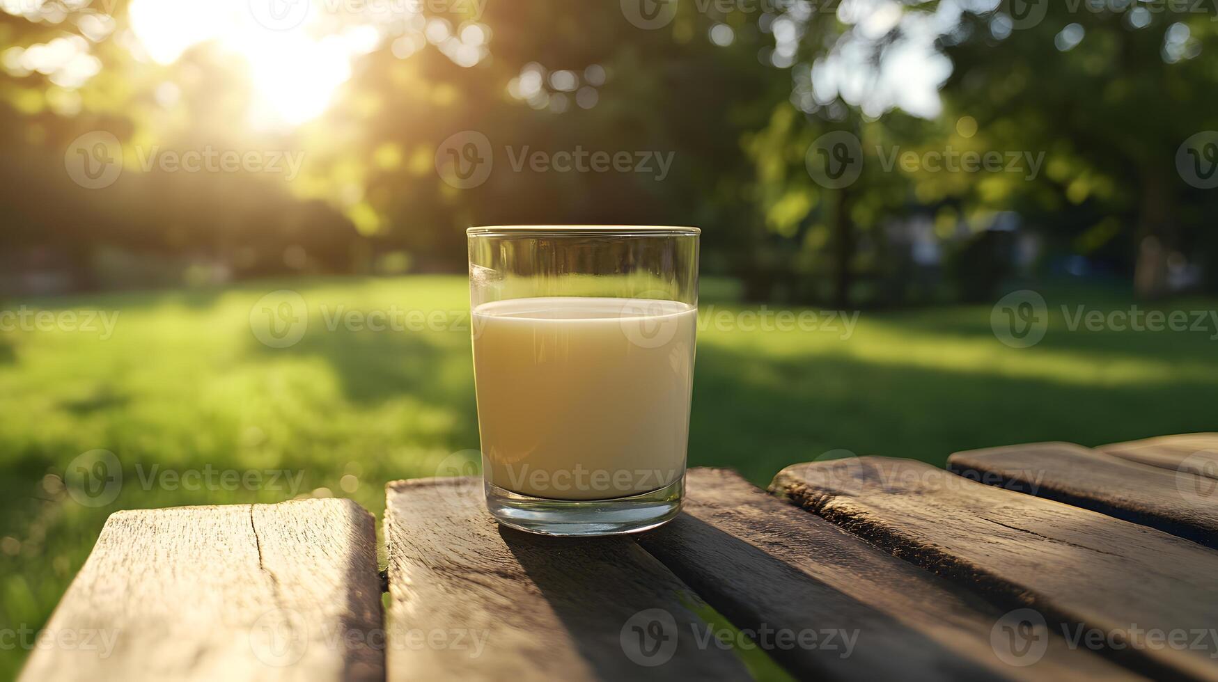 A glass of fresh milk on a smooth wooden surface with a blurred green lawn background in warm sunlight. photo