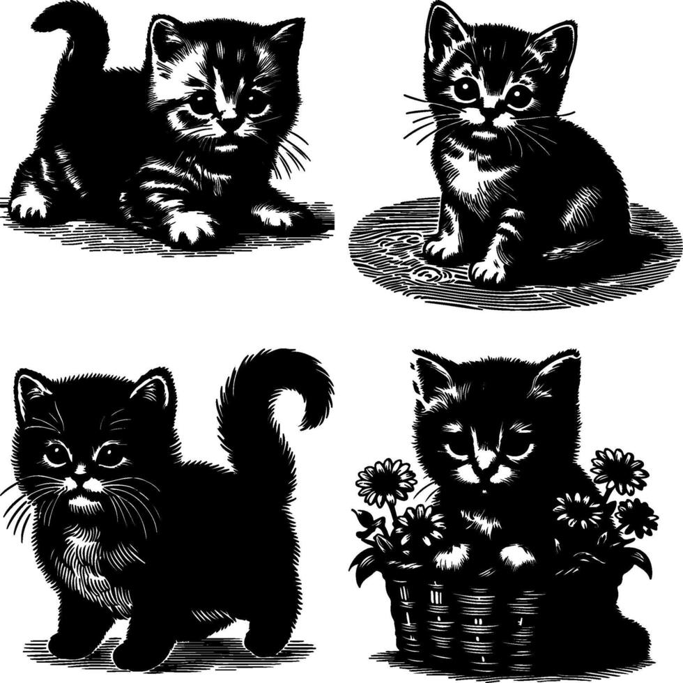 Set of Four Kitten Silhouettes in Playful Poses vector