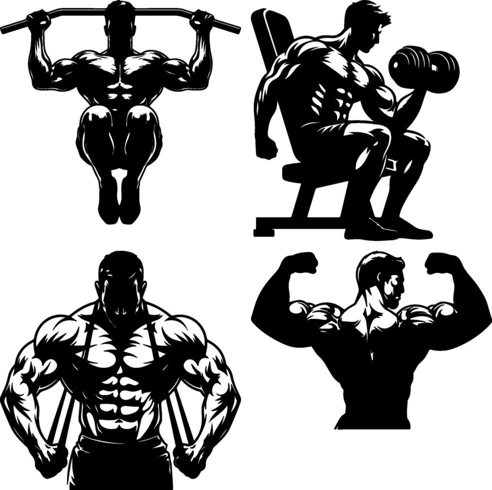 A Set of Powerful Bodybuilder Performing Weightlifting Exercises Silhouette Art vector