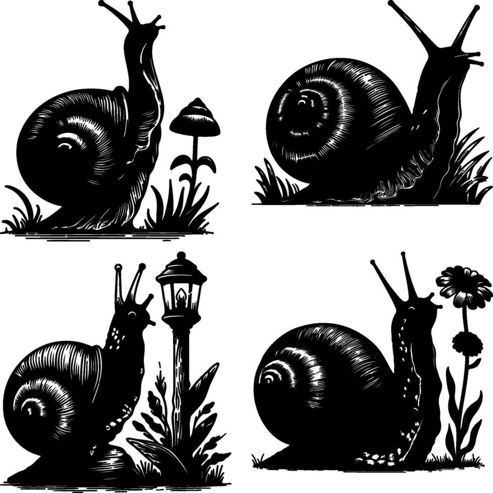 Set of Various Snail Shell Outlines in Black and White Ink Illustration Art vector