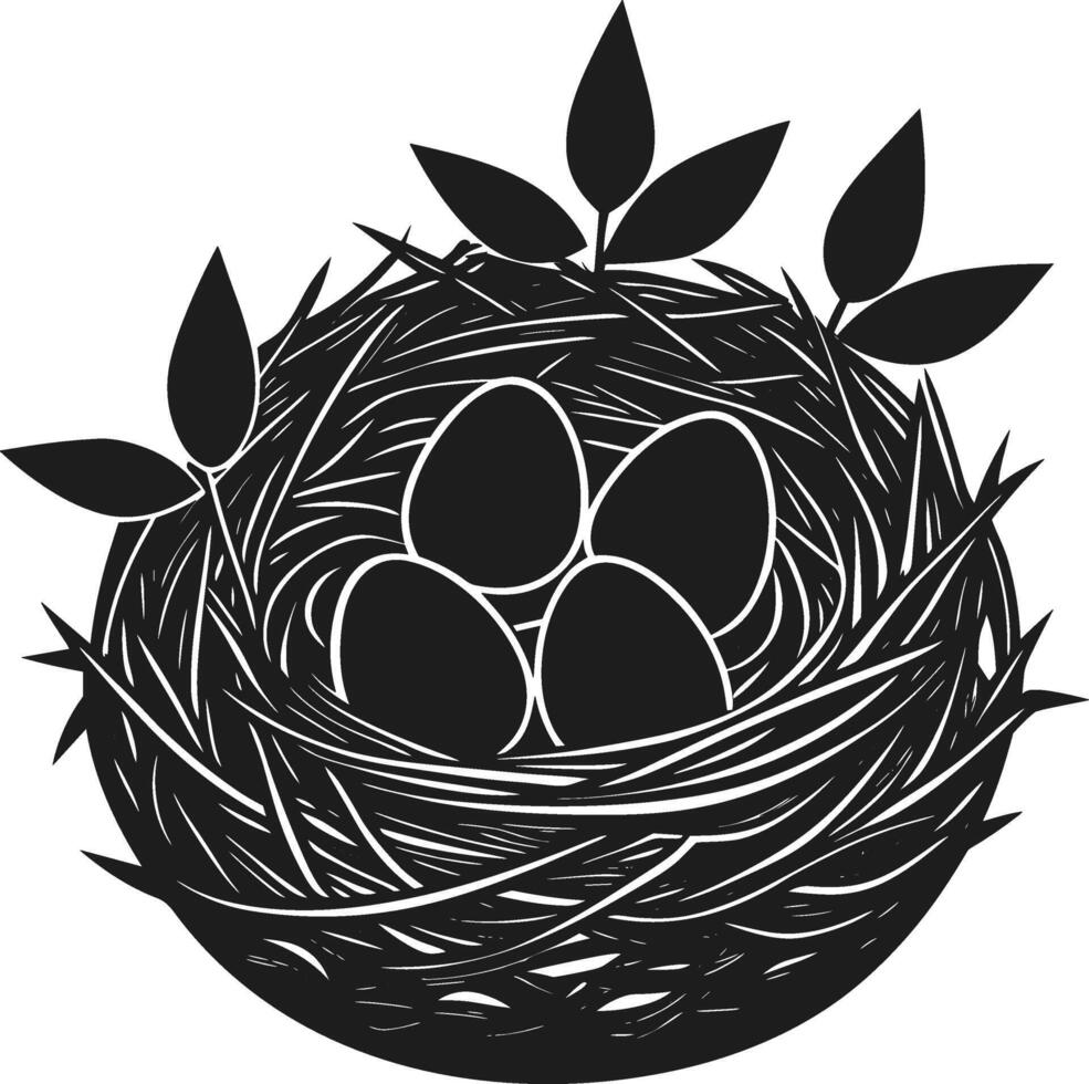 Elegant Bird Nest with Eggs and Leaves - Spring Silhouette vector